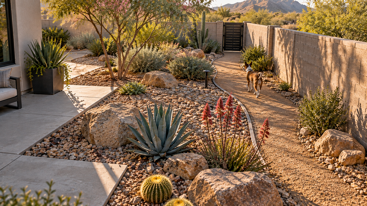 Desert landscaped pet yard with decorative rock, decomposed granite, concrete edging, and a dog walking through a high-use outdoor area where urine odor can accumulate.