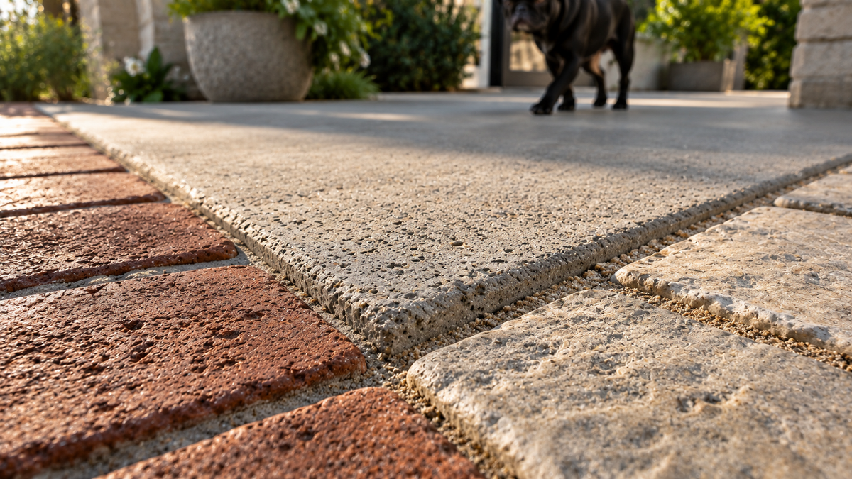 Close-up of porous concrete, brick, and stone pavers with visible surface texture and joints where outdoor pet urine residue can penetrate.