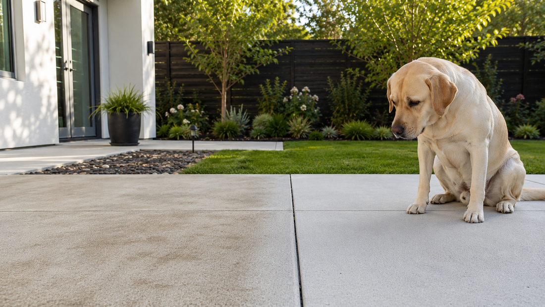 Visible residue and hidden pet urine odor on an outdoor surface.