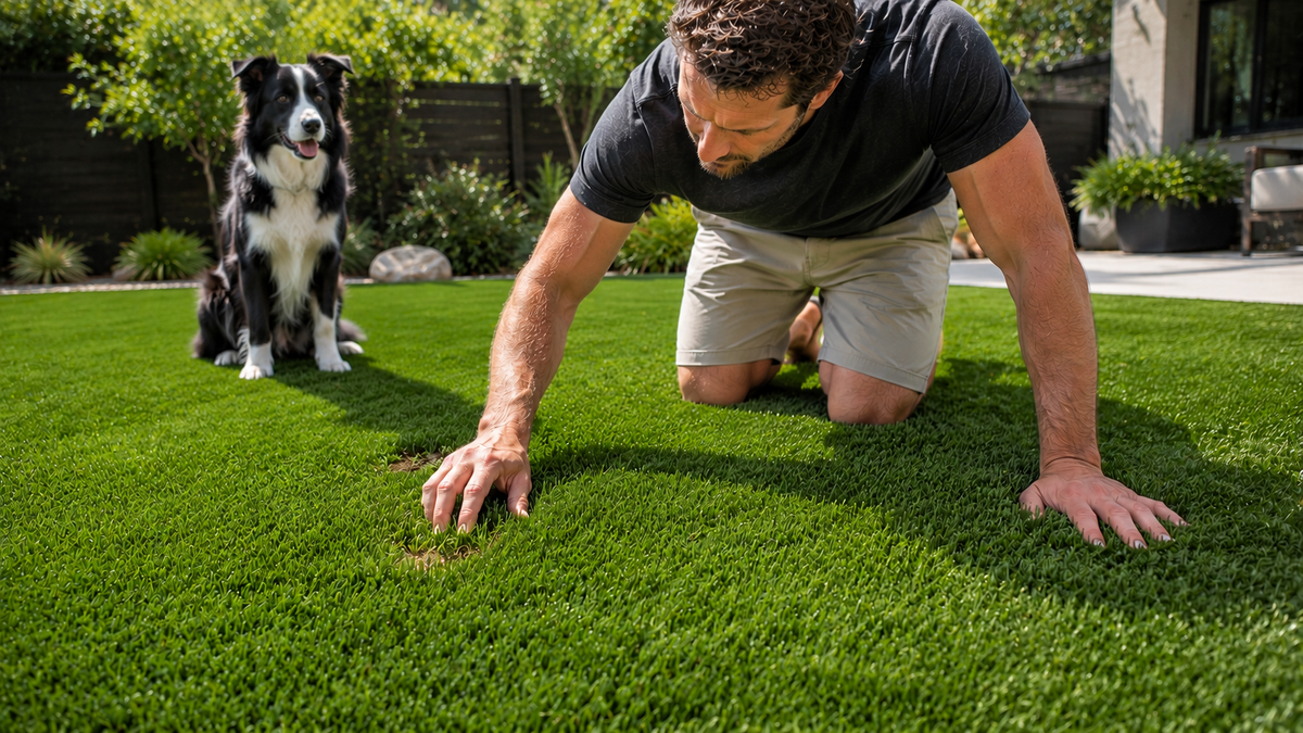 Homeowner comparing a visible stain and a clean section of artificial turf while inspecting for hidden pet odor beneath the grass fibers.