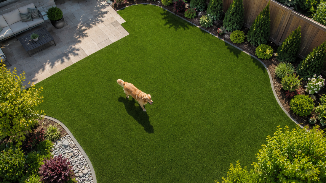 Clean artificial turf backyard with a dog walking across the surface, representing a well-maintained fake grass pet area.