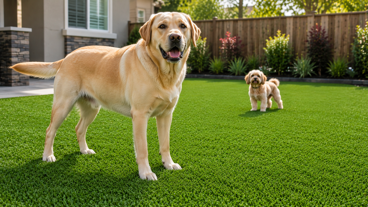 Large and small dogs standing on artificial turf in a residential backyard illustrating how dog size may influence turf odor buildup over time.