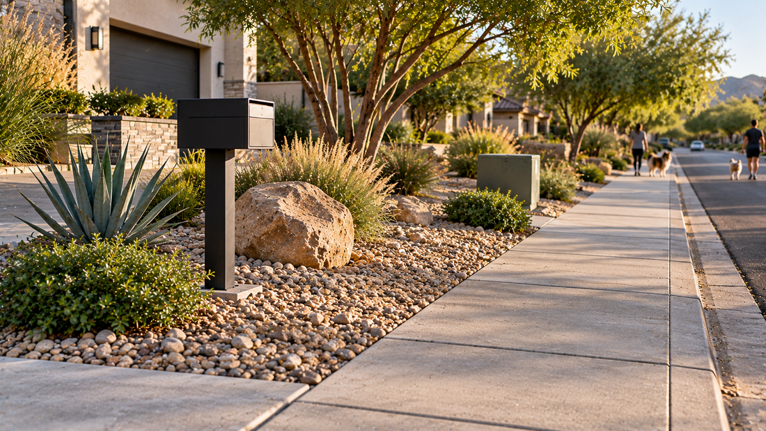 Front-yard decorative gravel beside a neighborhood sidewalk with mailbox, tree, boulder, and other common locations where passing dogs may repeatedly mark.