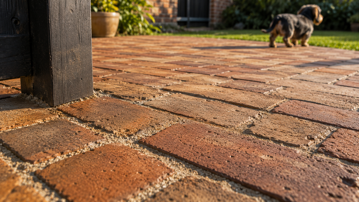 Close view of porous brick patio and sand filled joints in an outdoor pet area where dog urine odor can accumulate below the visible surface.