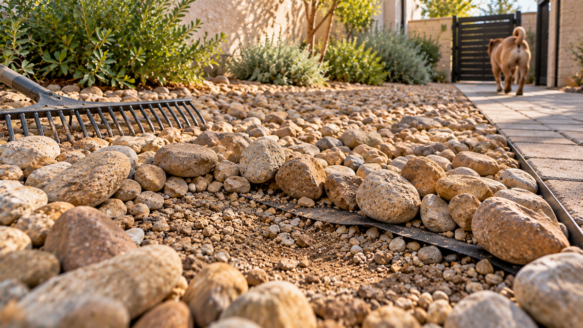 Decorative landscape rocks moved slightly aside to reveal smaller aggregate and underlying landscape material where pet urine can travel beneath gravel.  Image File Name