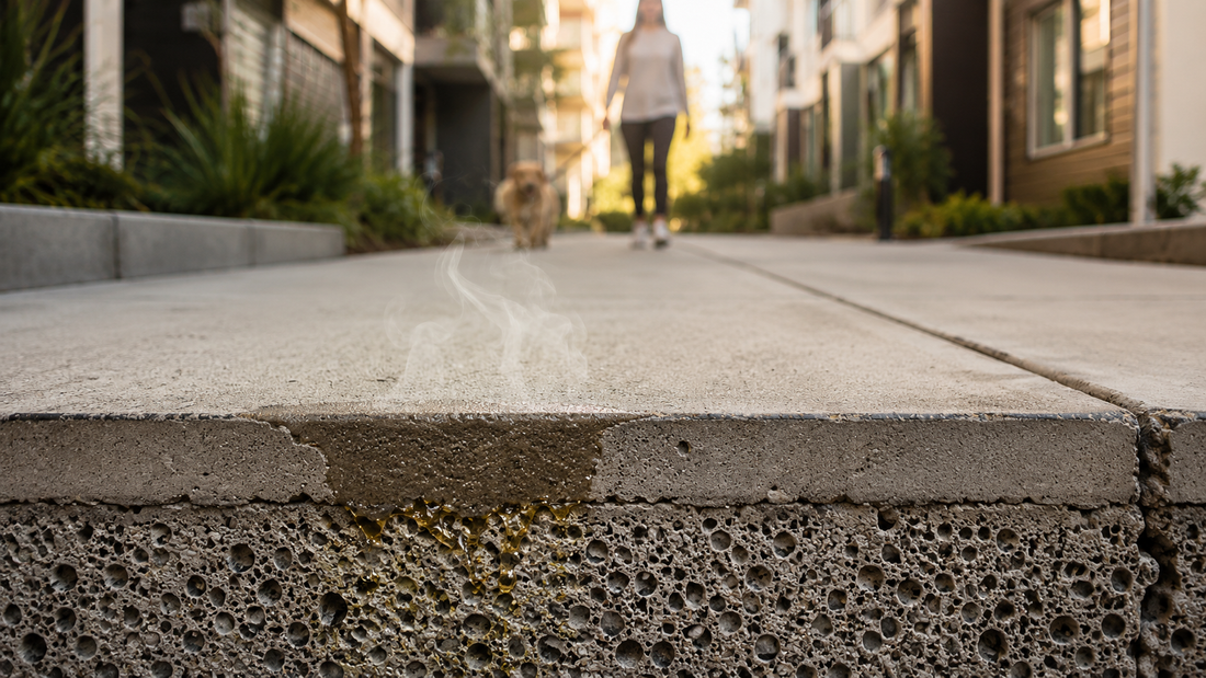 Shared concrete walkway showing how pet urine can soak into porous surfaces and create lingering odor buildup.