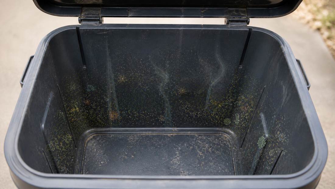 Plastic trash bin showing how organic waste residue can build up inside and cause persistent odor.
