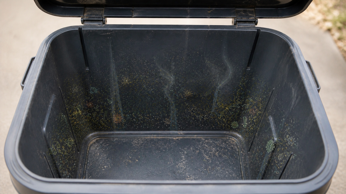 Plastic trash bin showing how organic waste residue can build up inside and cause persistent odor.