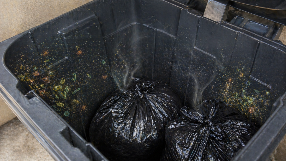 Trash can interior showing how organic waste and moisture can lead to bacteria buildup and odor over time.