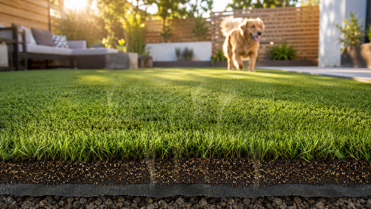 Artificial turf showing how urine residue and organic buildup accumulate over time in the infill and lower turf layers.