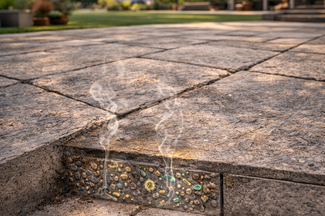 Stone or paver patio showing how urine penetrates porous surfaces and joints, leading to trapped residue and odor buildup.