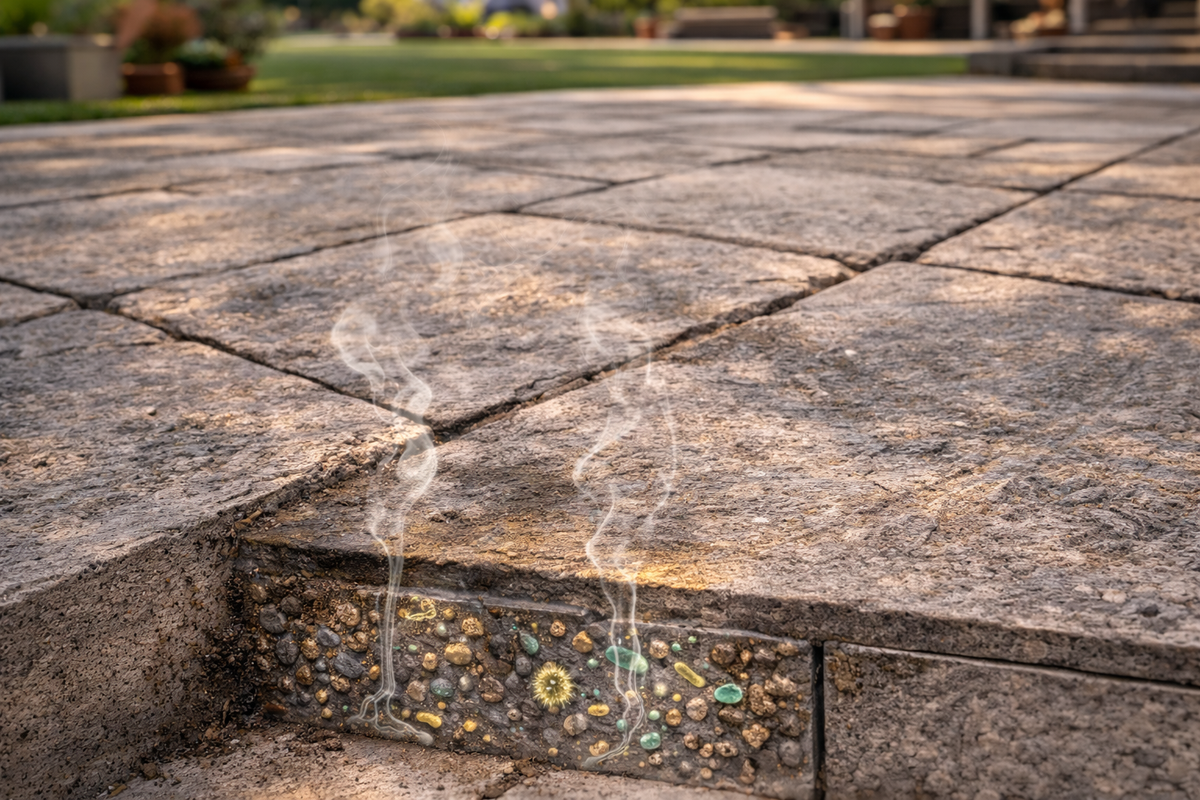 Stone or paver patio showing how urine penetrates porous surfaces and joints, leading to trapped residue and odor buildup.