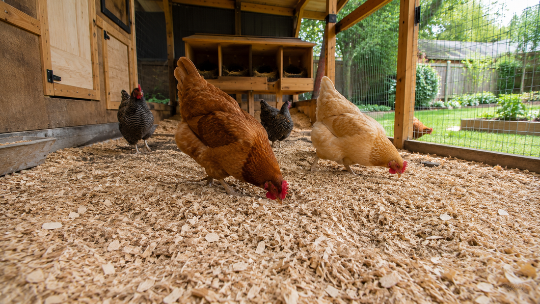 Backyard chicken coop with bedding and chickens showing a typical environment where manure and moisture can contribute to odor buildup.