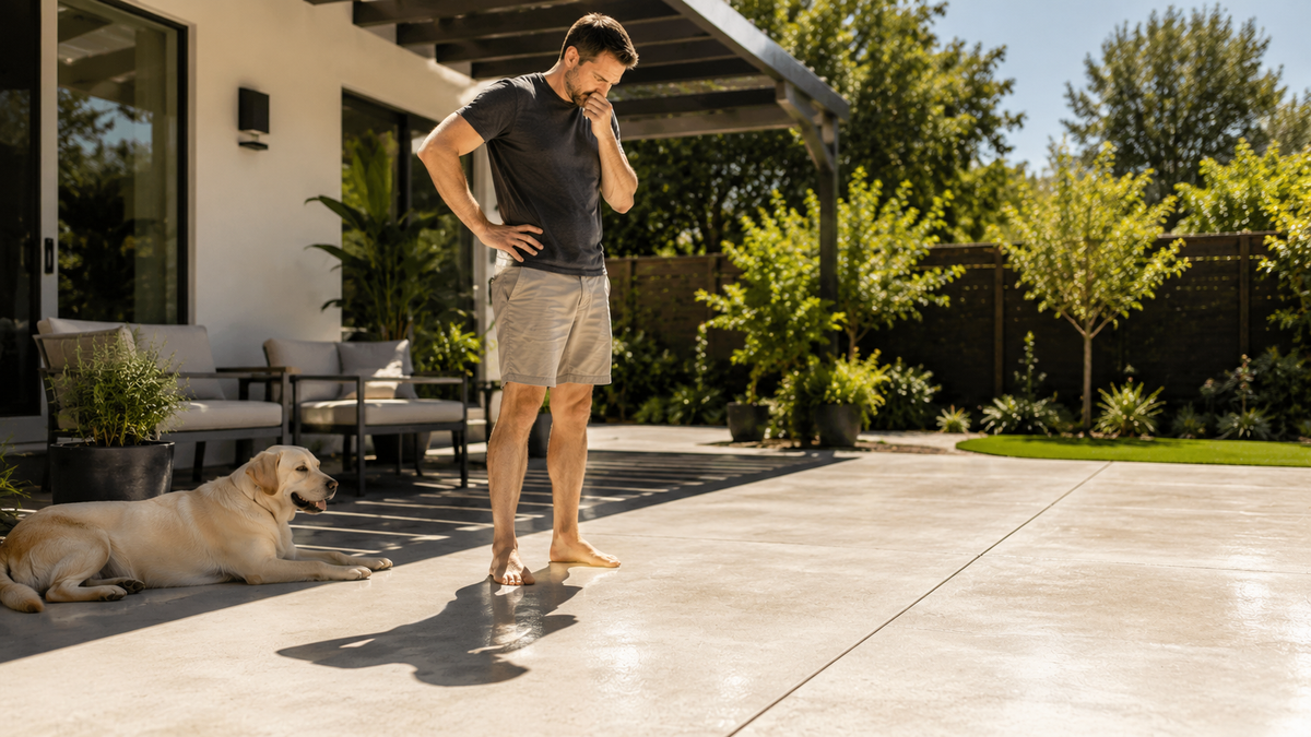Clean concrete patio on a hot summer day with a homeowner noticing hidden pet urine odor intensified by heat.