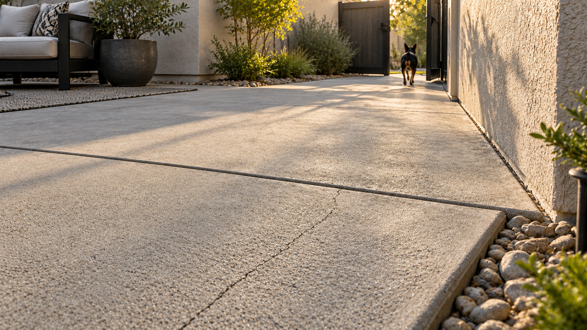 Clean concrete patio with visible pores, expansion joint, hairline crack, and edges where recurring dog urine odor can remain after surface treatment.