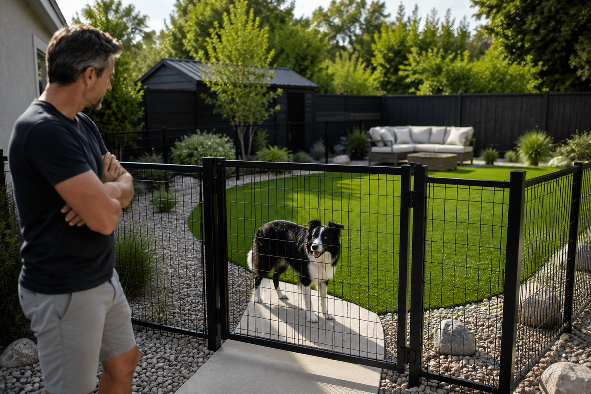 Modern backyard dog run with artificial turf, gravel, and concrete showing a dedicated outdoor pet area where recurring odor can develop from repeated use.
