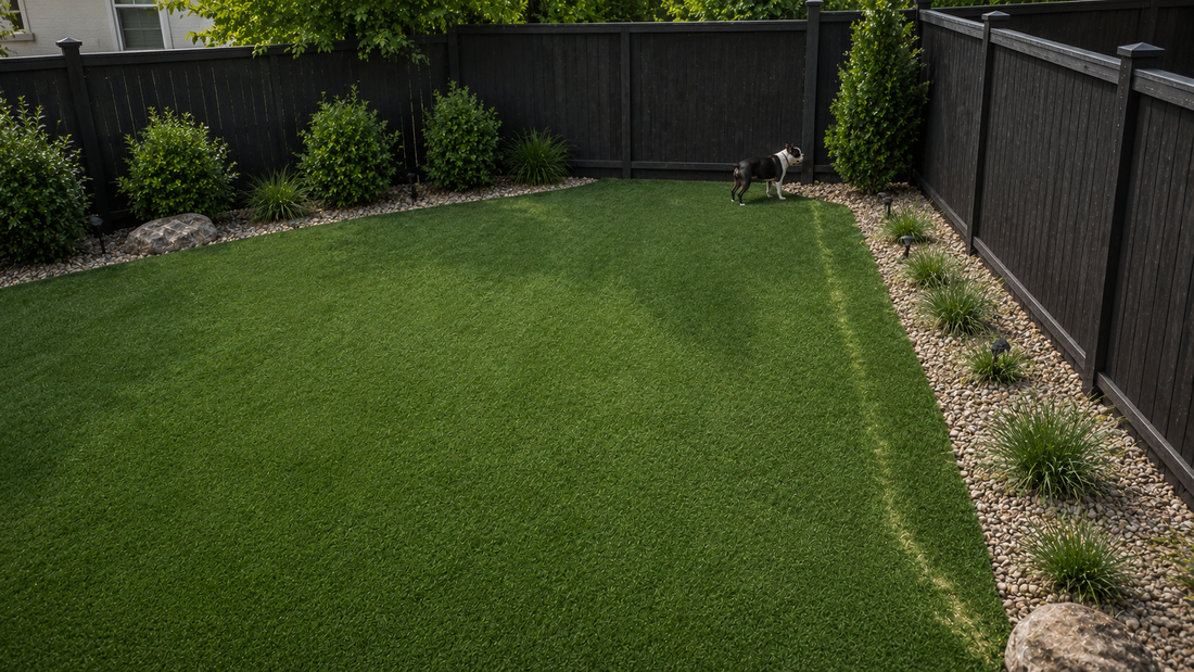 Dog repeatedly visiting the same corner of an artificial turf backyard, illustrating how concentrated pet use can create recurring urine odor hotspots.