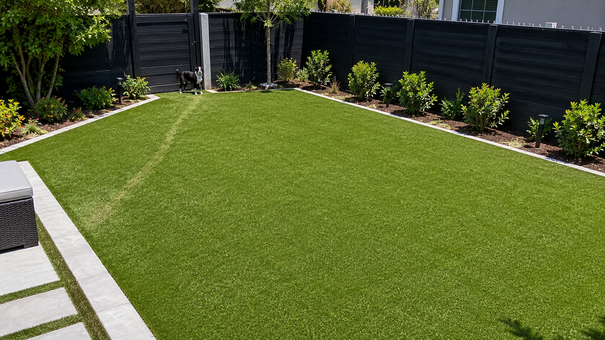 Dog repeatedly visiting the same corner of an artificial turf backyard, illustrating how concentrated pet use can create recurring urine odor hotspots.