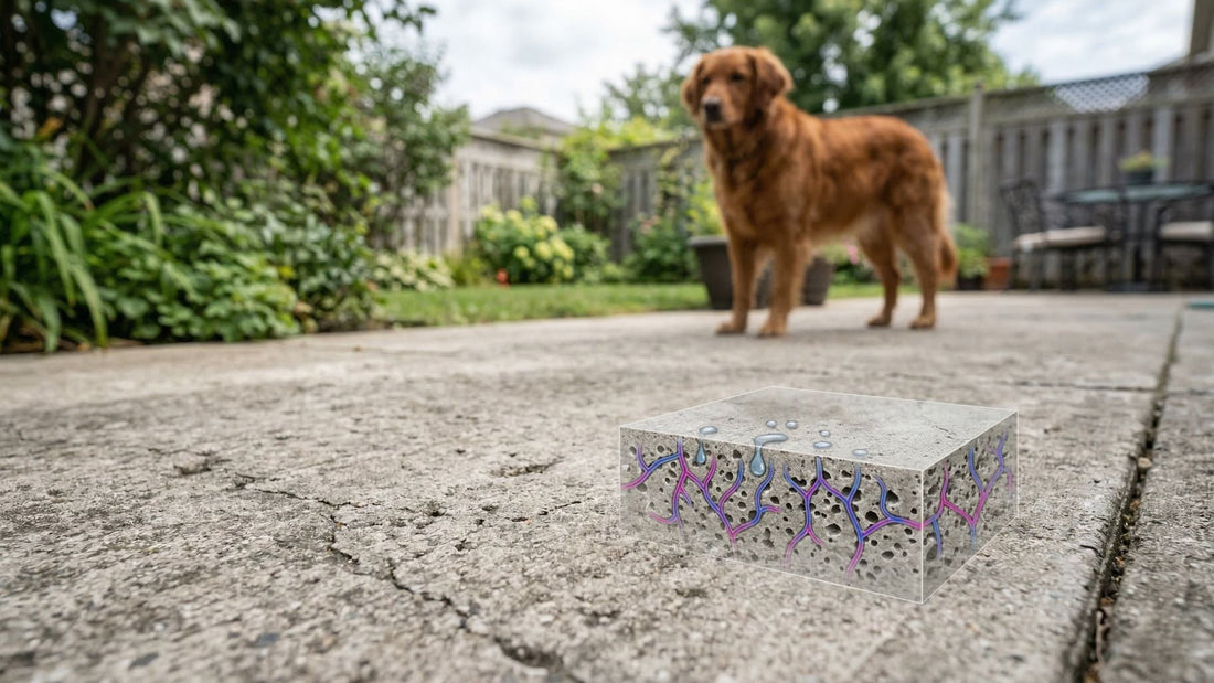 Close up of porous concrete patio showing how dog urine penetrates microscopic pores in the surface