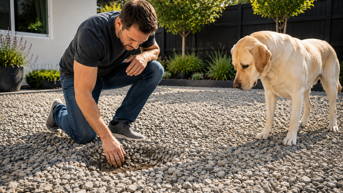 Homeowner inspecting beneath clean gravel in a backyard dog run to identify the hidden source of recurring pet urine odor.