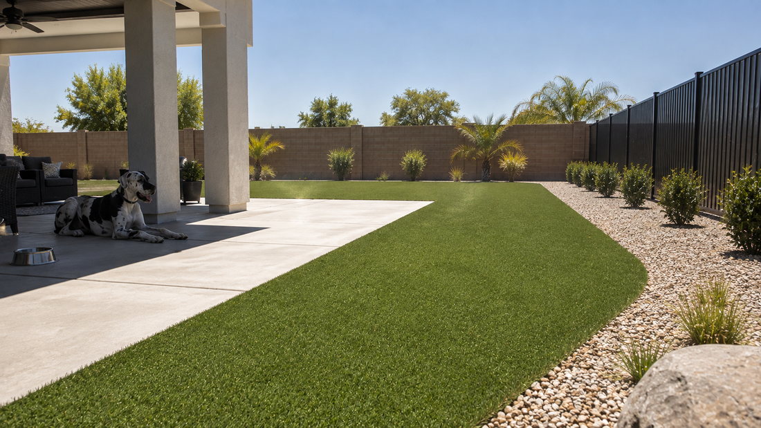 Dog resting in shade beside a hot artificial turf, concrete, and gravel backyard where summer heat can make accumulated pet urine odor more noticeable.