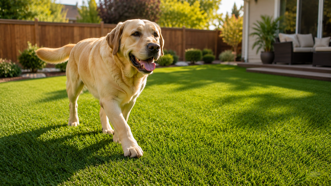 Large dog standing in a backyard showing a typical outdoor environment where pet urine odor can build up over time.