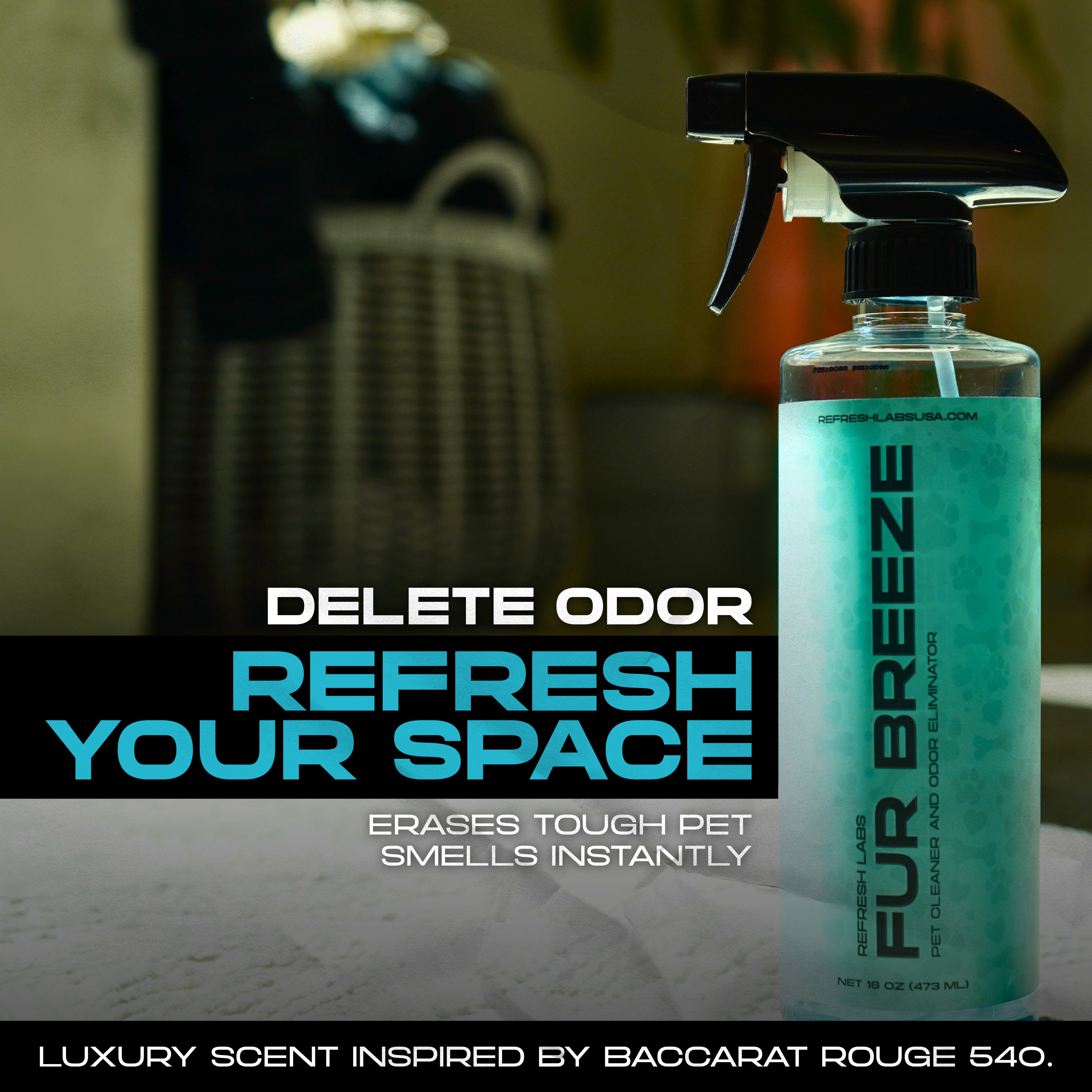 Fur Breeze Pet Odor Eliminator by Refresh Labs USA – Luxury scent inspired by Baccarat Rouge 540 removes pet odors and refreshes indoor spaces
