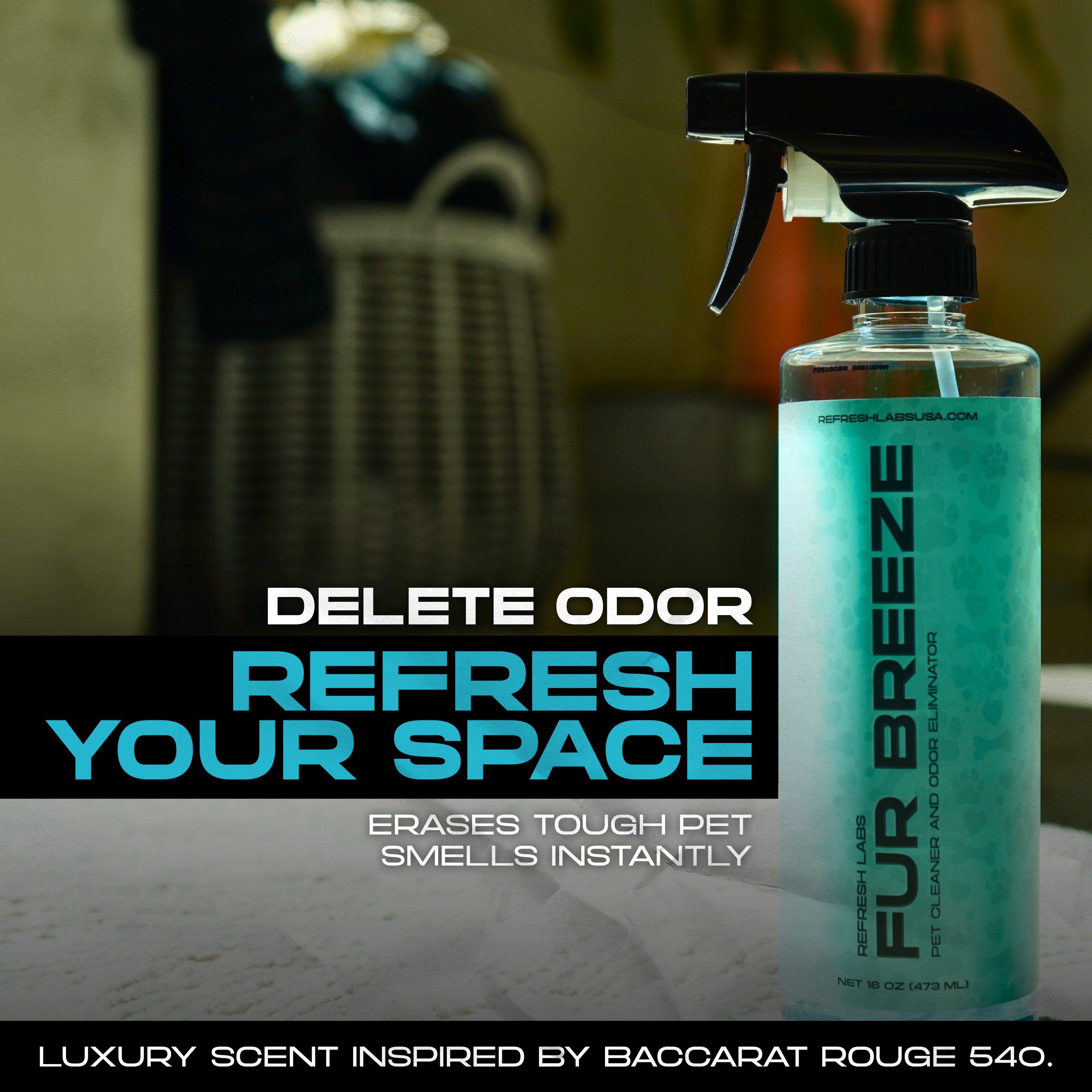 Fur Breeze Pet Odor Eliminator by Refresh Labs USA – Luxury scent inspired by Baccarat Rouge 540 removes pet odors and refreshes indoor spaces