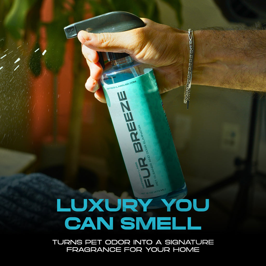 Fur Breeze Pet Odor Eliminator by Refresh Labs USA – Luxury home fragrance spray that removes pet smells and freshens air