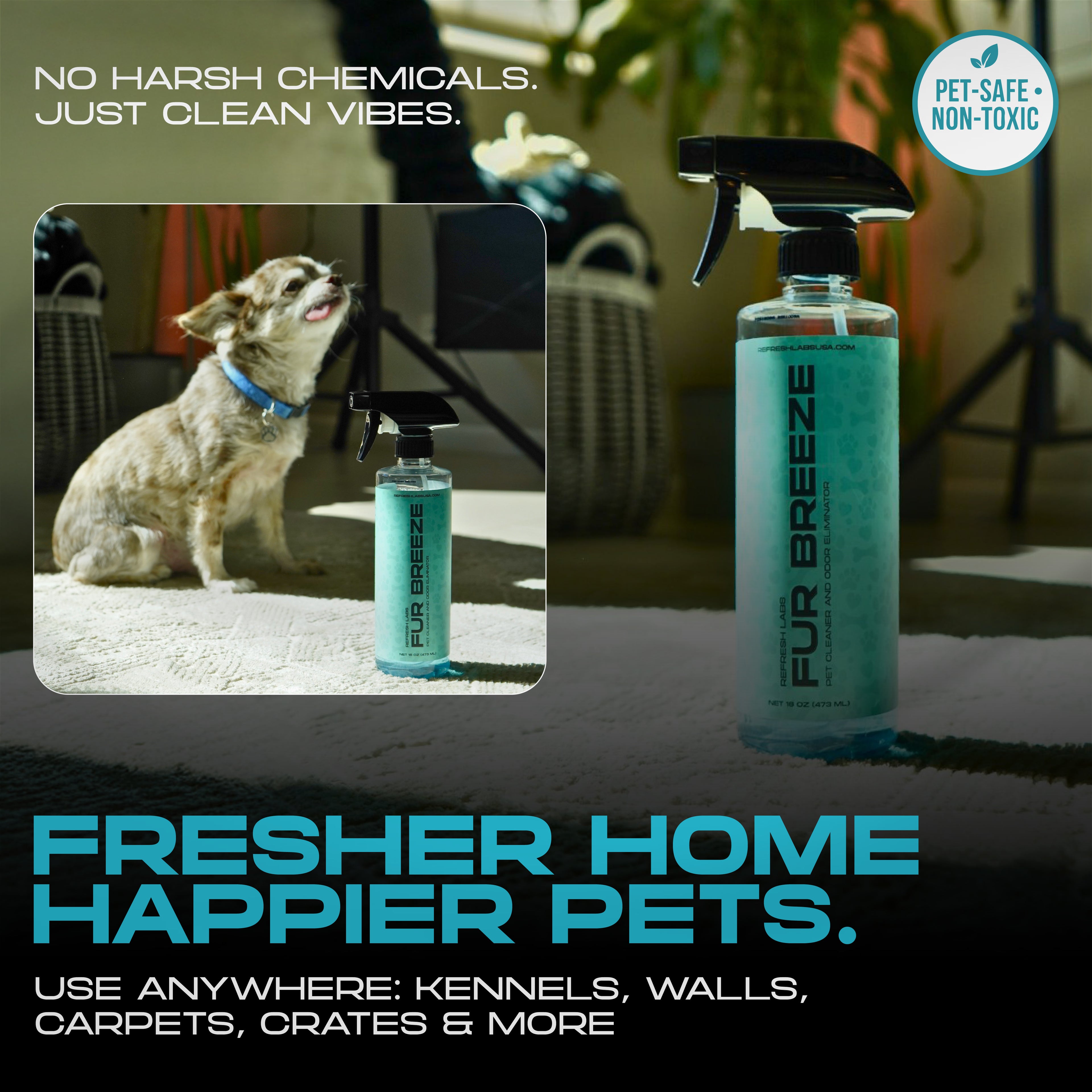 Fur Breeze Pet Odor Eliminator by Refresh Labs USA – Pet-safe, non-toxic cleaner for carpets, kennels, and home freshness