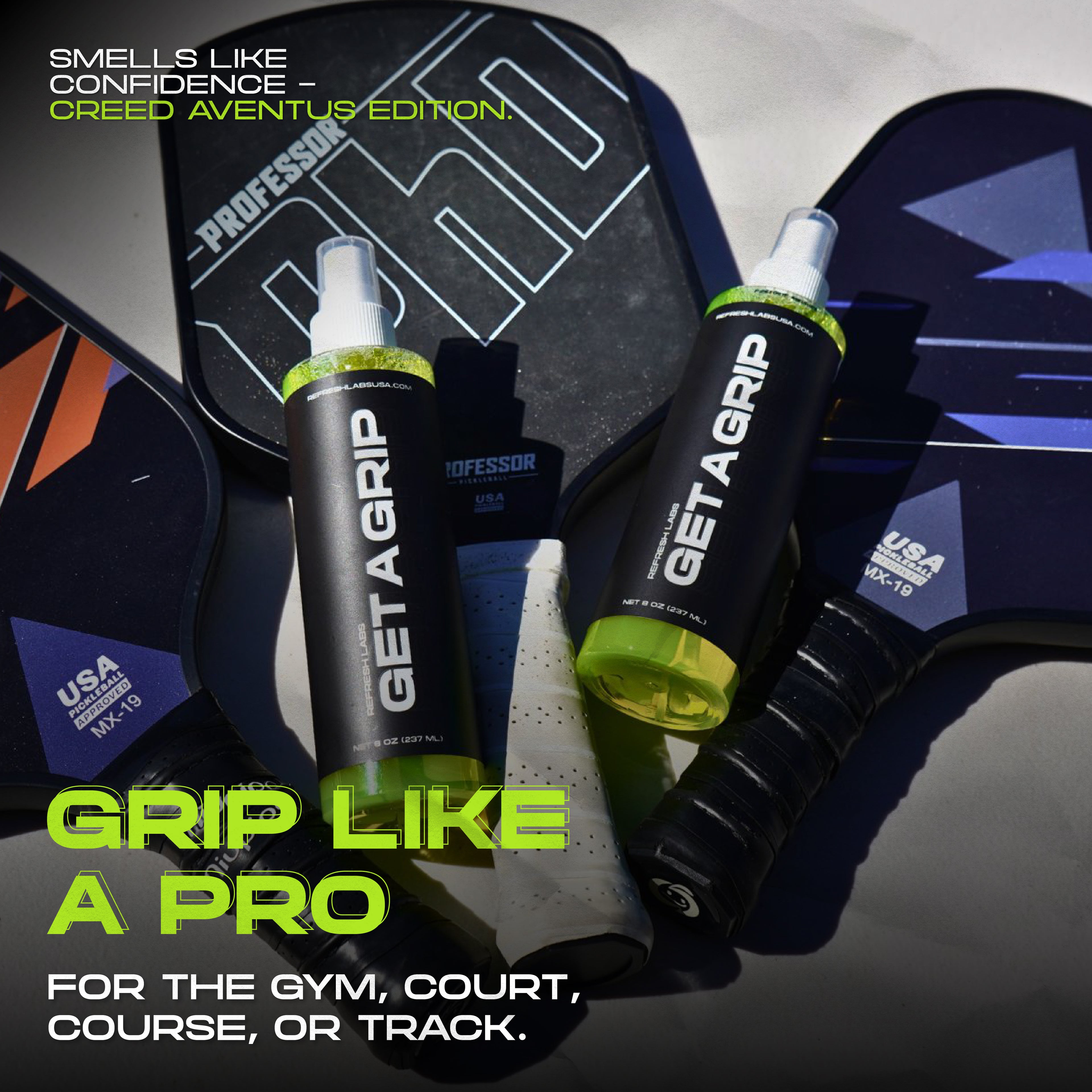 Get A Grip Sports Grip Cleaner Creed Aventus Edition by Refresh Labs USA – Scented tack restorer for gym, court, or field
