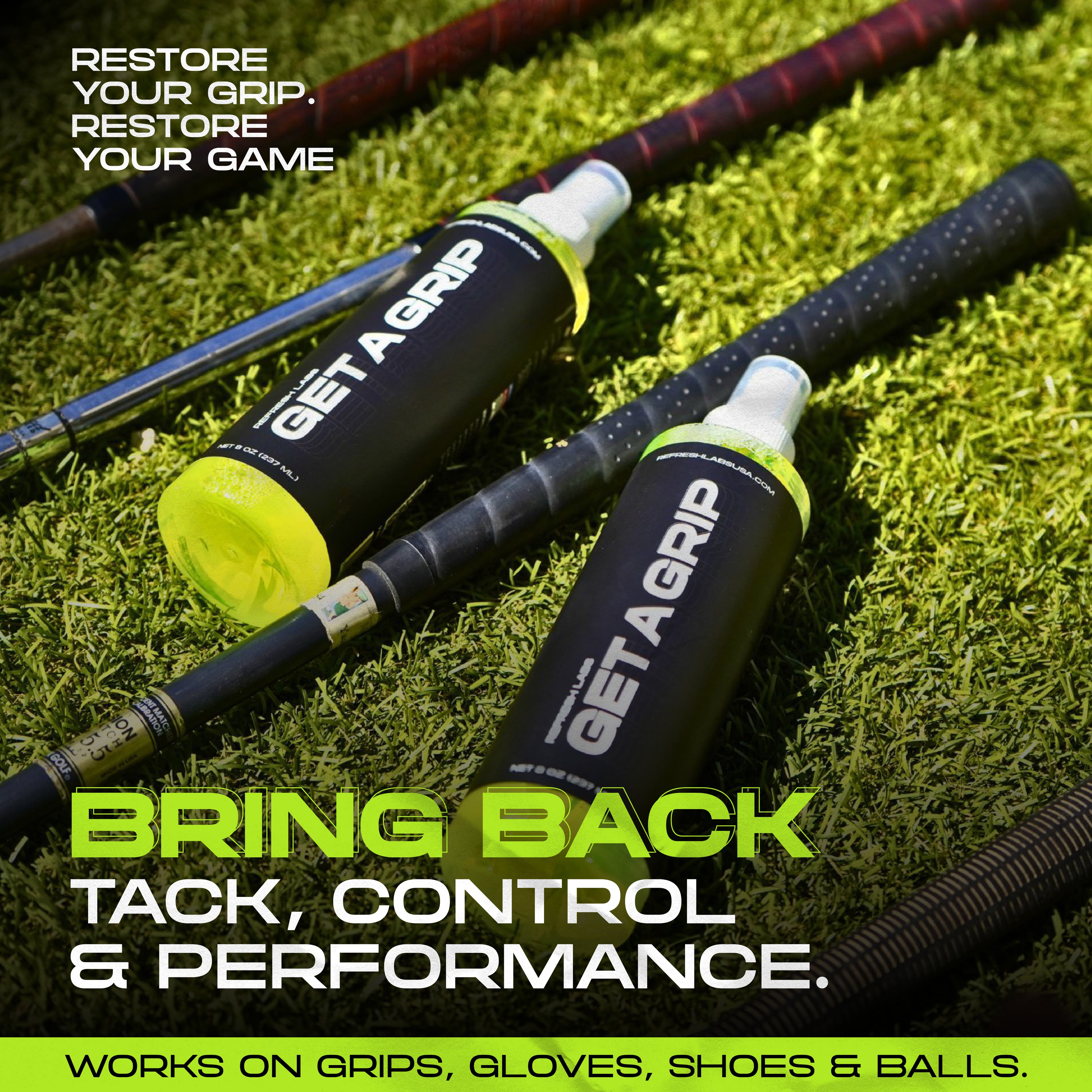 Two bottles of Get A Grip sports grip Get A Grip Sports Grip Cleaner by Refresh Labs USA – Restores tack, control, and performance for gloves, grips, and sports gear