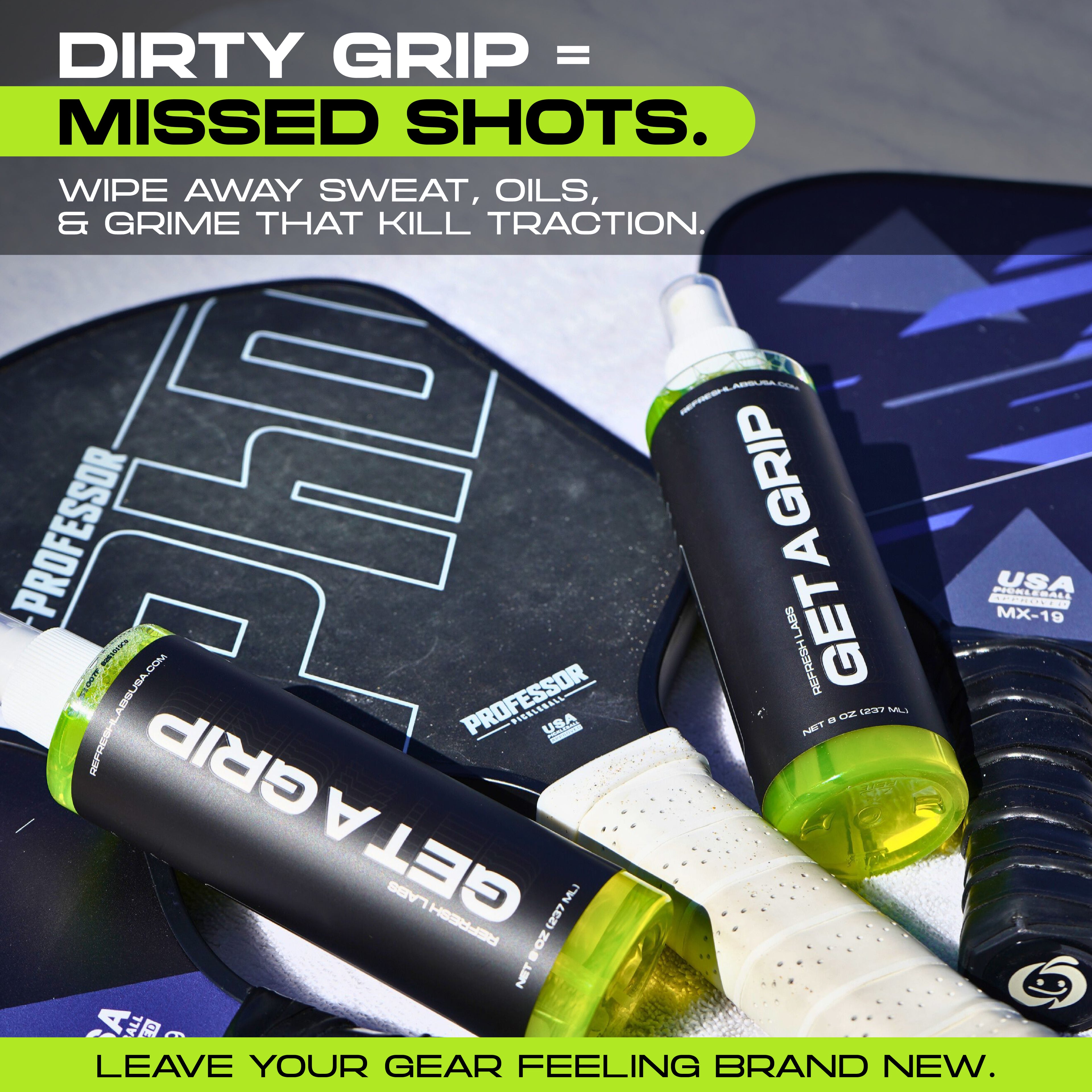 Get A Grip Sports Grip Cleaner by Refresh Labs USA – Removes sweat, oils and grime to restore traction and control for pickleball and gym gear
