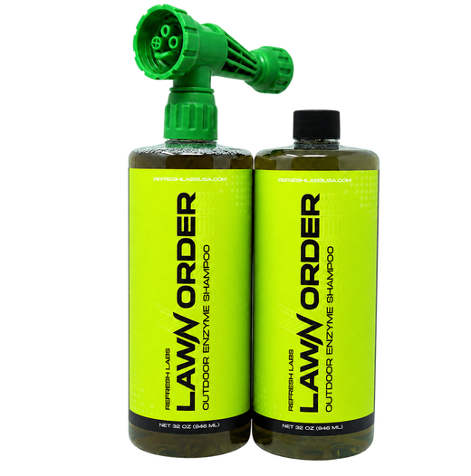 LawN Order Enzyme bottles with a green hose-end sprayer