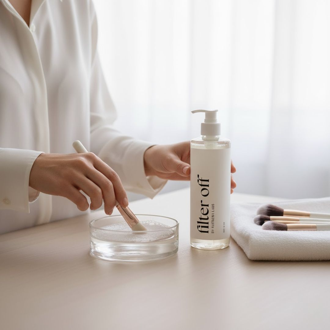 Refresh Labs Filter Off makeup brush cleaner being used to clean a cosmetic brush in a dish with other clean brushes on a towel