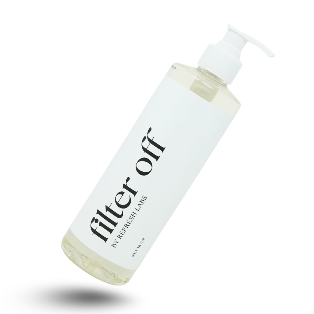 Refresh Labs Filter Off makeup brush cleaner bottle tilted on a white background with soft shadow