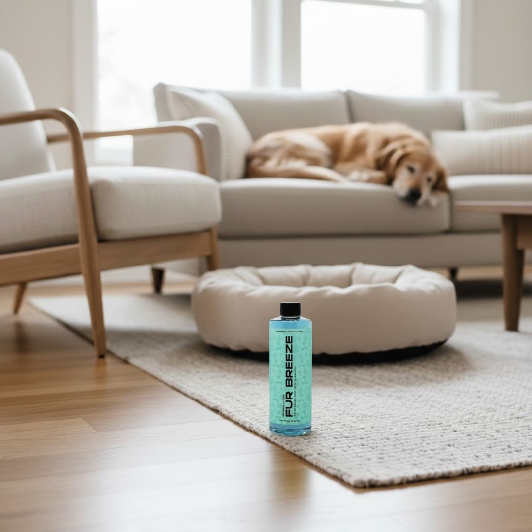 Alt Text	Image Title	File Name
Fur Breeze pet odor eliminator bottle placed on a living room rug with a dog resting on the couch in the background