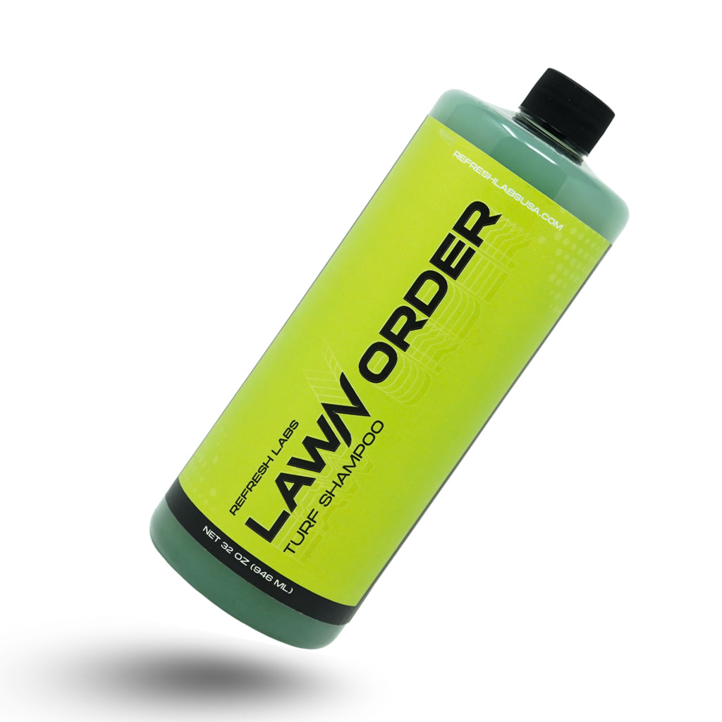 Refresh Labs Lawn Order turf shampoo bottle tilted on a white background