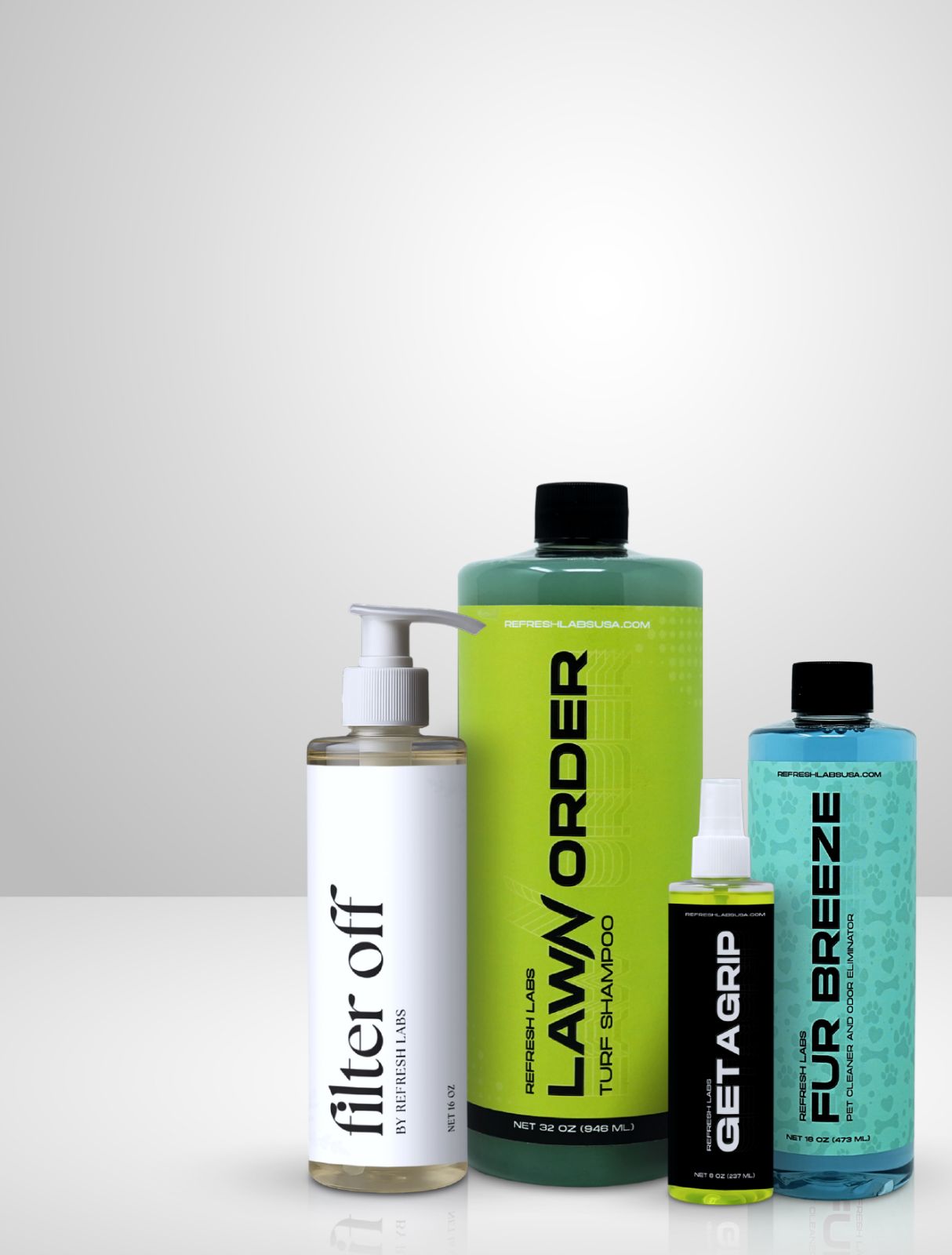 All products: Refresh Labs products including Filter Off brush cleaner, LawN Order turf shampoo, Get A Grip sports spray, and Fur Breeze pet odor eliminator on a clean white background